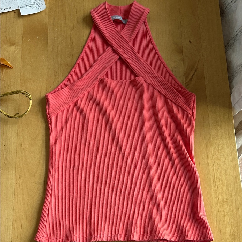Vibrant Coral Cross-Back Ribbed Tank Top